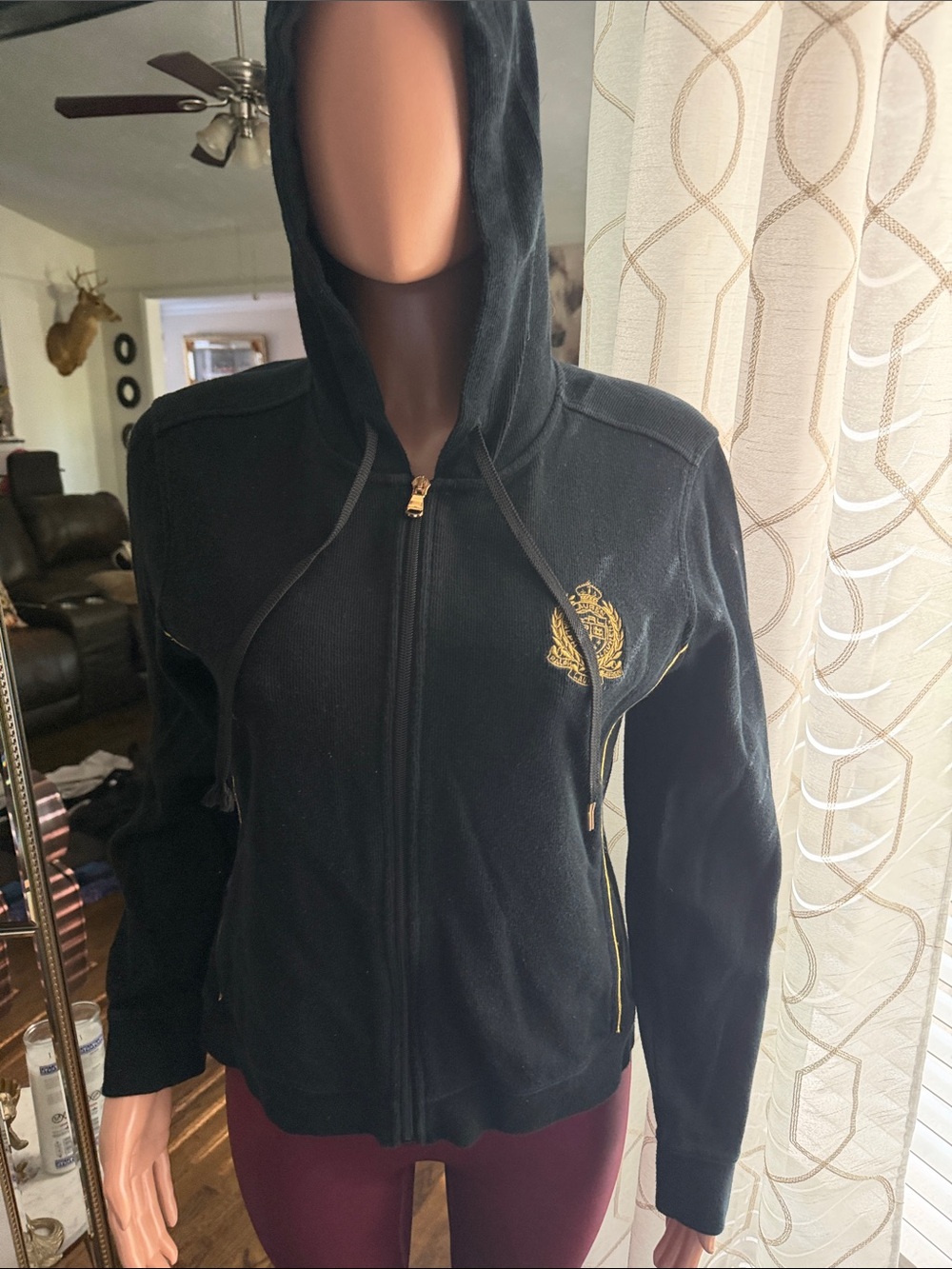 Ralph Lauren Black Hooded Zip Jacket with Gold Crest Accent